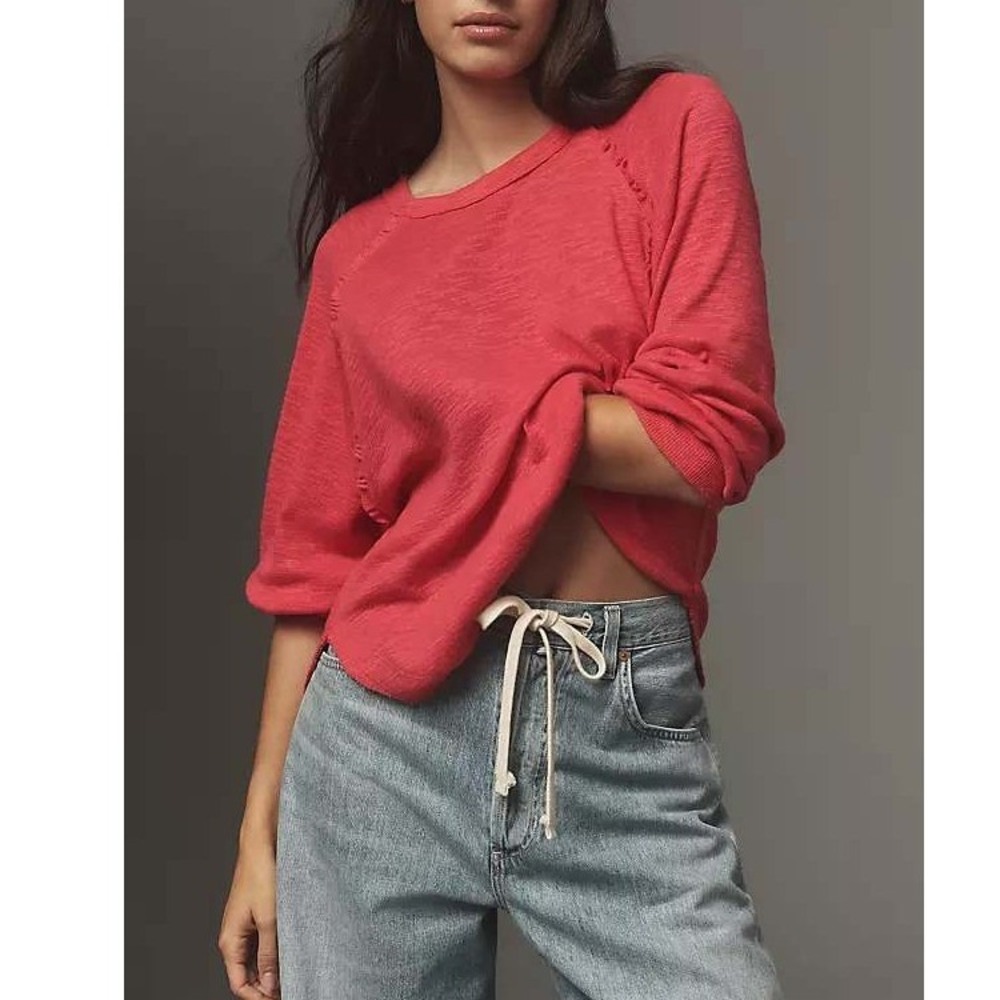 Pilcro Long Sleeve Top M Pink Ruffle Slub Knit Raglan Anthropologie Summer Boho